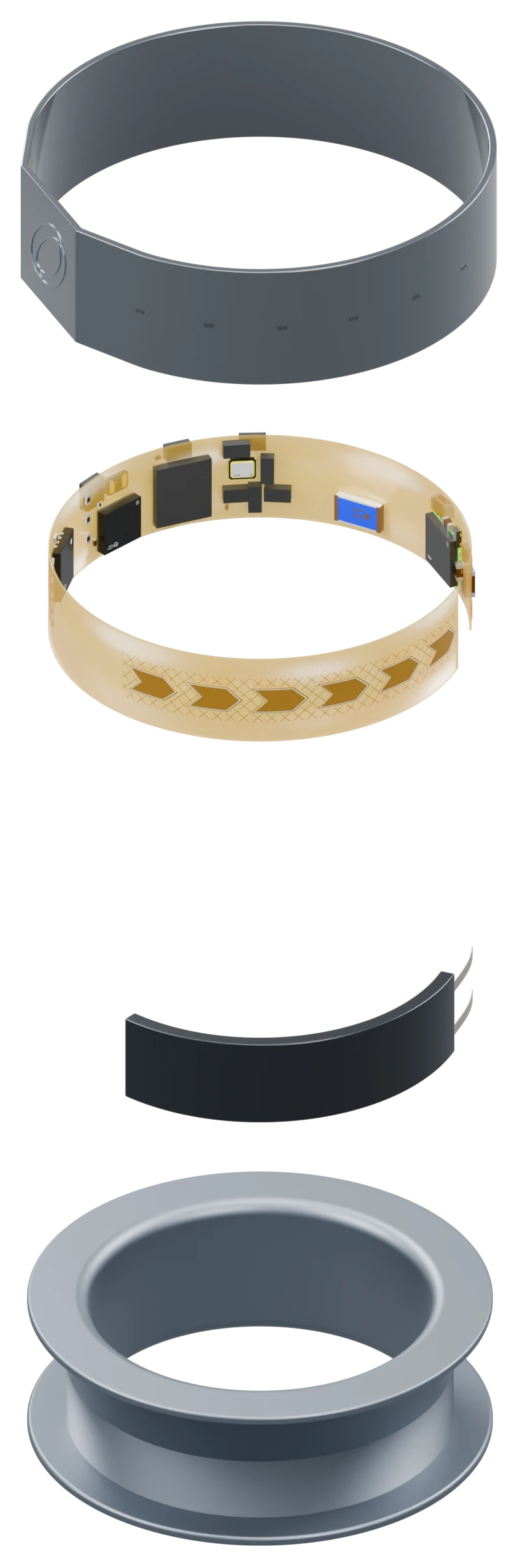 SynoRing exploded view: ceramic shell, flexible circuit, arc battery, and steel inner band